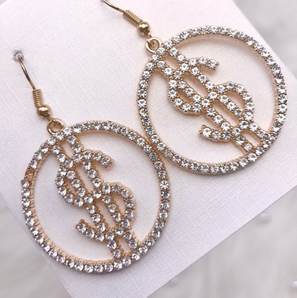 SILVER Dollar Sign Earrings with Crystal Rhinestones NEW - Picture 7 of 8